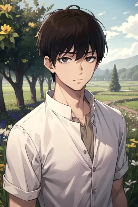 masterpiece, best quality, photorealistic, 1boy, solo, male focus, looking at viewer, upper body, , , , <lora:yukito_urabe:0.68>, yukito_urabe, black hair, brown eyes, , bags under eyes, , orchard,