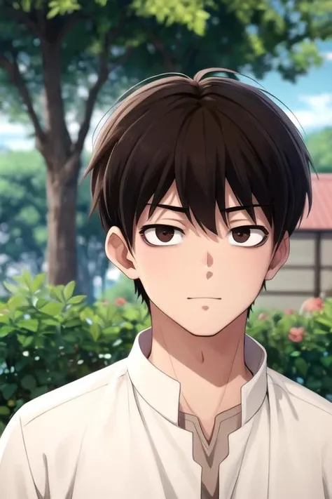 masterpiece, best quality, game cg, 1boy, solo, male focus, looking at viewer, , depth of field, ligne claire, , <lora:yukito_urabe:0.70>, yukito_urabe, black hair, brown eyes, sanpaku, , linen shirt, homburg, farm, High definition