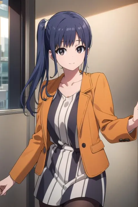 midoriimai, <lora:midori imai s1-lora-nochekaiser:1>,
midori imai, long hair, black hair, blue hair, (black eyes:1.3), side ponytail, smile,
BREAK dress, pantyhose, striped dress, jacket, orange jacket,
BREAK indoors, office,
BREAK looking at viewer, dynam...