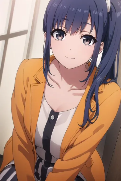 midoriimai, <lora:midori imai s1-lora-nochekaiser:1>,
midori imai, long hair, black hair, blue hair, (black eyes:1.3), side ponytail, smile,
BREAK dress, pantyhose, striped dress, jacket, orange jacket,
BREAK indoors, office,
BREAK looking at viewer, dynam...