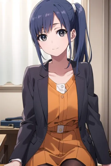 midoriimai, <lora:midori imai s1-lora-nochekaiser:1>,
midori imai, long hair, black hair, blue hair, (black eyes:1.3), side ponytail, smile,
BREAK dress, pantyhose, striped dress, jacket, orange jacket,
BREAK indoors, office,
BREAK looking at viewer, dynam...