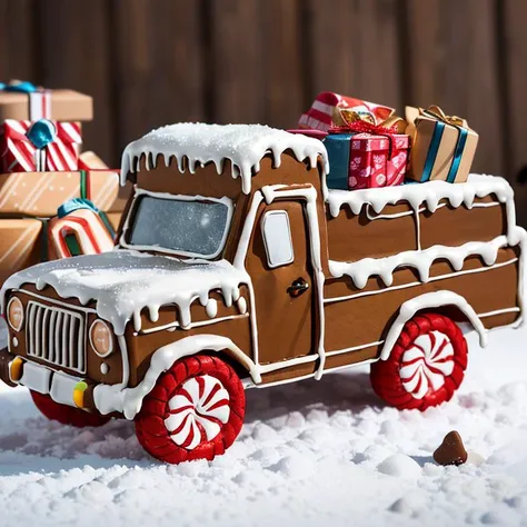 ((masterpiece,best quality)), absurdres <lora:Gingerbread_House:0.7>, Gingerbread_House, gingerbread house, food, food focus,  cookies, candy canes, 
Christmas, 
ground vehicle, box, motor vehicle, snow, gift, chocolate, car, vehicle focus