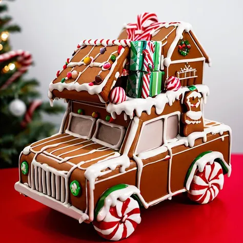 ((masterpiece,best quality)), absurdres <lora:Gingerbread_House:0.7>, Gingerbread_House, gingerbread house, food, food focus,  cookies, candy canes, 
Christmas, 
ground vehicle, box, motor vehicle, snow, gift, chocolate, car, vehicle focus