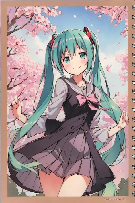 1girl, solo, hatsune miku, school uniform, green hair, cherry blossoms, cherry hair ornament, hanami, sakura, smile, looking at viewer, traditional media, <lora:Kanzaki Hiro_XL:0.8>