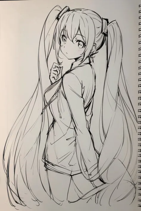 1girl, monochrome, long hair, solo, twintails, greyscale, hatsune miku, looking back, very long hair, lineart, sketch, <lora:Kanzaki Hiro_XL:0.8>