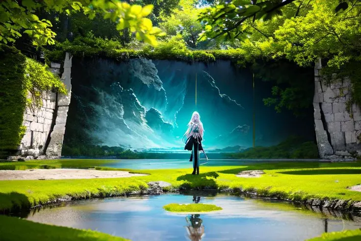 a woman standing in front of a waterfall in a lush green park