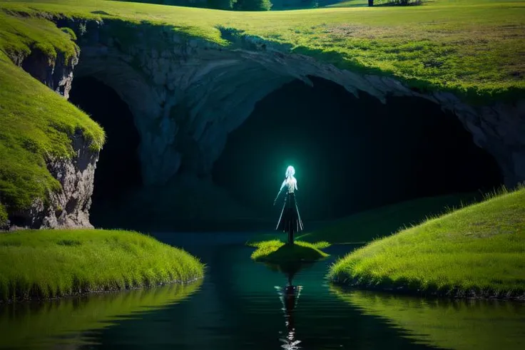 a person standing in a body of water with a light shining on them