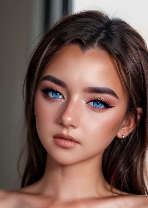 a woman with blue eyes and a black top is posing for a picture