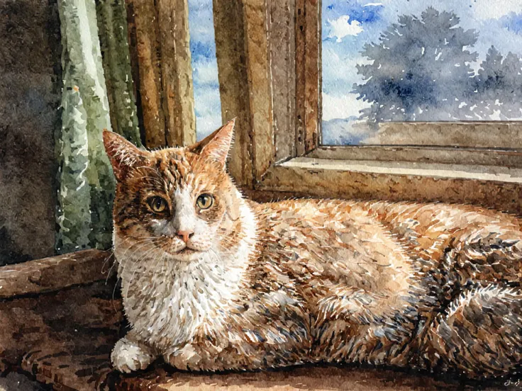 a watercolor painting of a cat by a window <lora:Yokoyama Nao:1>