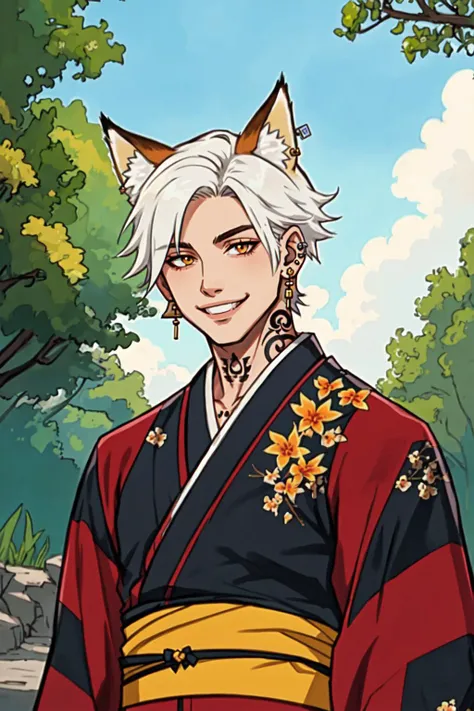 1boy, solo, male focus, mature male , white hair, short hair, fox ears, fox boy, anthro, jewelry, tattoo, earrings, kimono, smile, upper body, outdoors