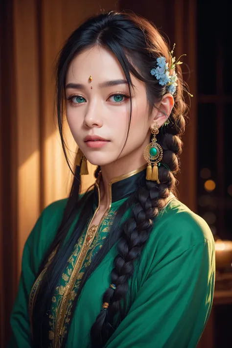 Protrait, photograph, androgynous hunnuman, oval jaw, delicate features, beautiful face, dreadlocked hair, long bangs, long ponytail, bright blue-green eyes,  hindu art