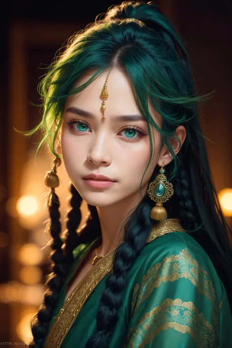 Protrait, photograph, androgynous hunnuman, oval jaw, delicate features, beautiful face, dreadlocked hair, long bangs, long ponytail, bright blue-green eyes,  hindu art