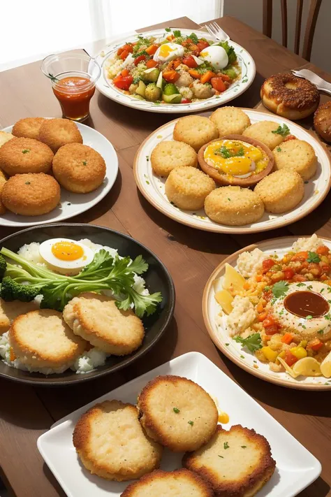 a close up of a table with plates of food and bread