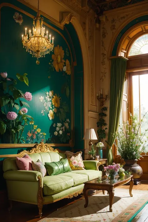 Architectural Digest photo of a maximalist green {vaporwave/steampunk/solarpunk} living room with lots of flowers and plants, golden light, hyperrealistic surrealism, award winning masterpiece with incredible details, epic stunning