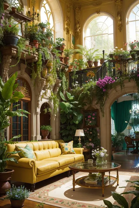 Architectural Digest photo of a maximalist green {vaporwave/steampunk/solarpunk} living room with lots of flowers and plants, golden light, hyperrealistic surrealism, award winning masterpiece with incredible details, epic stunning