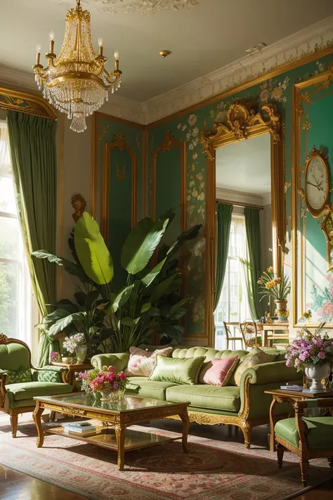 Architectural Digest photo of a maximalist green {vaporwave/steampunk/solarpunk} living room with lots of flowers and plants, golden light, hyperrealistic surrealism, award winning masterpiece with incredible details, epic stunning