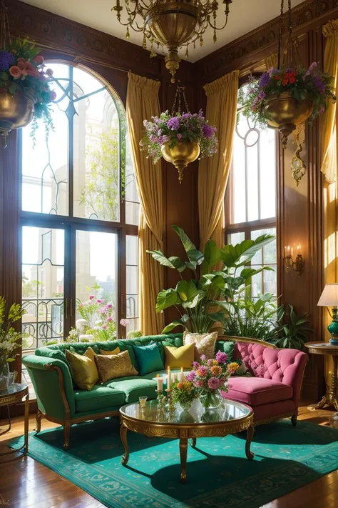 Architectural Digest photo of a maximalist green {vaporwave/steampunk/solarpunk} living room with lots of flowers and plants, golden light, hyperrealistic surrealism, award winning masterpiece with incredible details, epic stunning