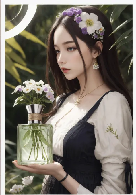 A luxurious perfume bottle, accounting for one-third of the size of the picture, inspired by flowers, bionics, illustration, the background is forest, flowers, bright colors, silky smooth background, 4k, caustic, full frame, <lora:detailmaker:-6>