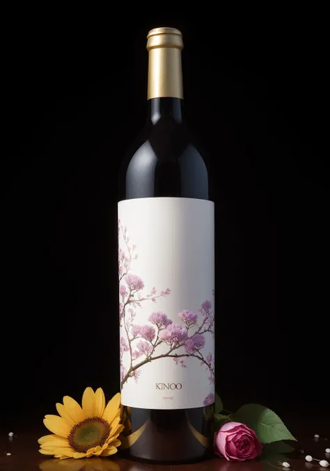 A luxurious wine bottle, accounting for one-third of the size of the picture, inspired by flowers, bionics, illustration, the background is forest, flowers, bright colors, silky smooth background, 4k, caustic, full frame,studio light  <lora:detailmaker:1.5...