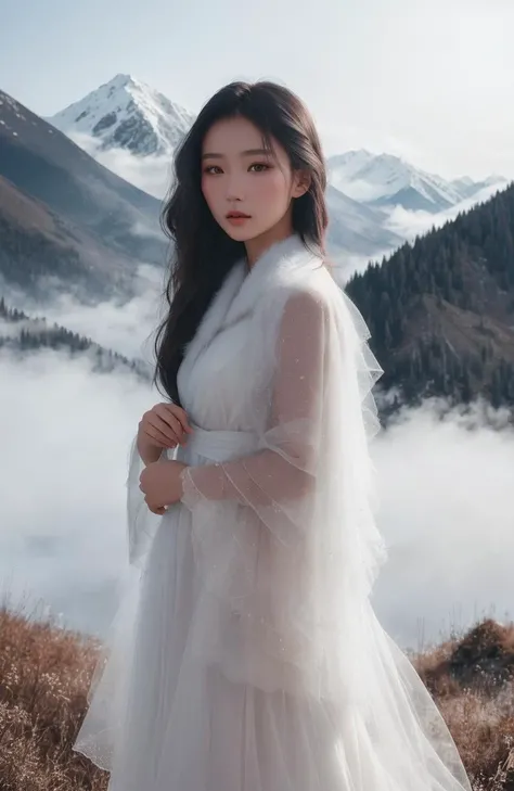 almaty girl, kazakh, Portrait of haute couture beautiful kazakh fashion model , ethereal dreamy foggy, photoshoot by alessio albi, editorial fashion magazine photoshoot, fashion poses, in front of mountain. kinfolk magazine. film grain,(((dark shot))), (na...