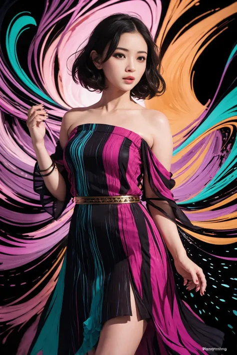 tangbohu-buff:2 Abstract, 8K, photo shot from front, mid-body portrait, highly-detailed, girl in a fluid and dynamic pose, wearing a loose, flowing pink dress, mysterious expression, curly black hair, [Zhang Ziyi|Aishwarya Rai], in a modern and abstract se...