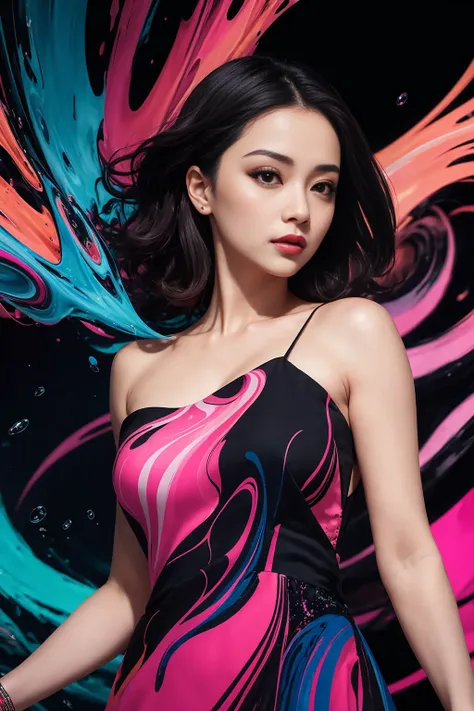 Abstract, 8K, photo shot from front, mid-body portrait, highly-detailed, girl in a fluid and dynamic pose, wearing a loose, flowing pink dress, mysterious expression, curly black hair, [Zhang Ziyi|Aishwarya Rai], in a modern and abstract setting, with bold...