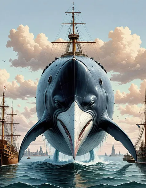 painting of a whale with a mouth full of teeth in the ocean