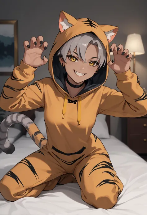 anime character in tiger suit sitting on bed with cat on head