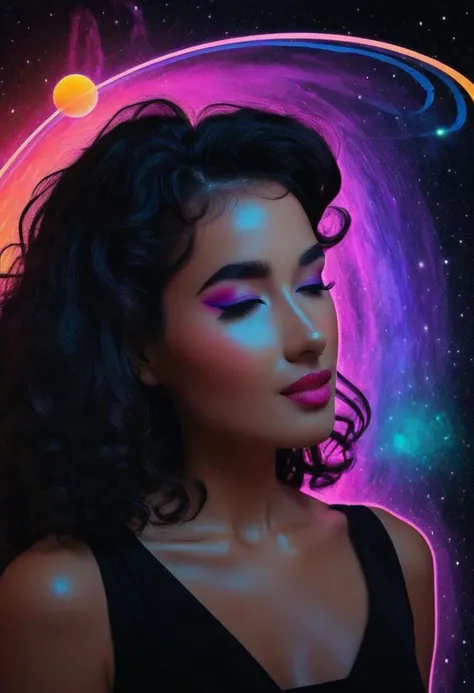 black rgb spectral 80s neon, bw-grignani, an simple colorful goddess in outer space, dark with vibrant planets, made of very bol...