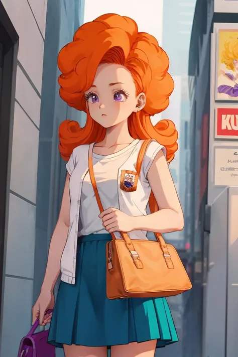 (masterpiece, best quality), 1girl,   <lora:cocoangela_v5_prod:1> angela, orange hair, purple eyes, curly hair, long hair   white t-shirt, teal skirt, short sleeves || yellow dress, white open sweater, sleeveless, handbag, shoulder strap