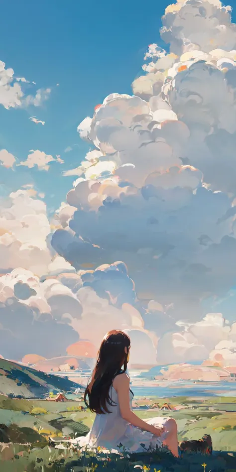 painting of a woman sitting on a hill looking at the sky