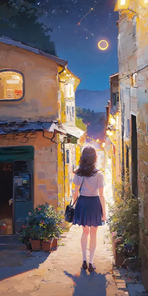 <lora:Light oil painting_20231025095300:0.9>, 
cloud, sky, outdoors, scenery, skirt, bag, vending machine, school uniform, lamppost, serafuku, 1girl, crescent moon, moon, tree, school bag, pleated skirt, cloudy sky, short sleeves, sign, sunset, star (sky),...