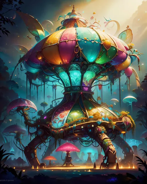 a colorful mushroom house with many colorful lights and lots of trees