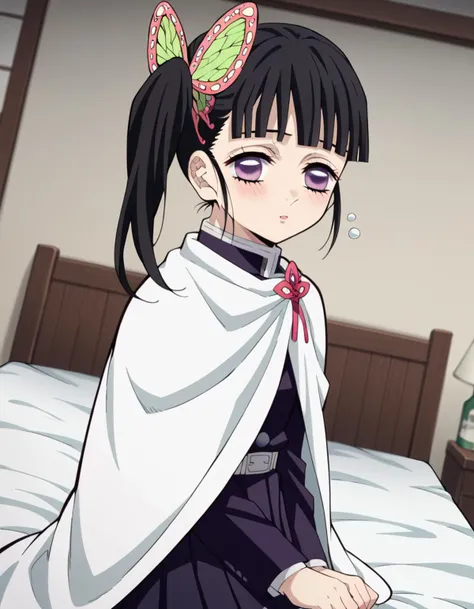 anime girl sitting on a bed with a white blanket and a red bow