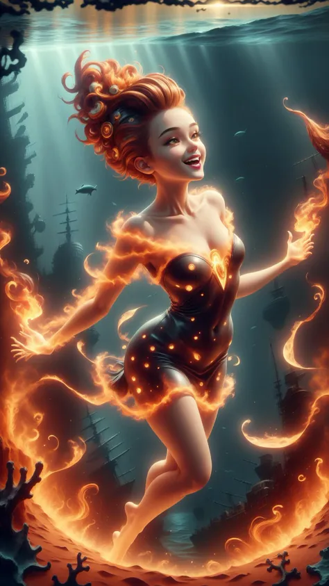 a woman in a dress is surrounded by fire and water