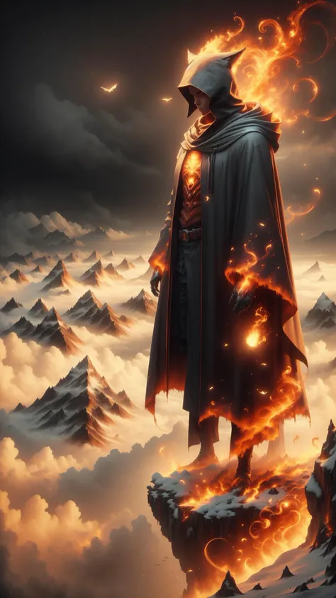 a man in a cloak standing on a mountain with fire