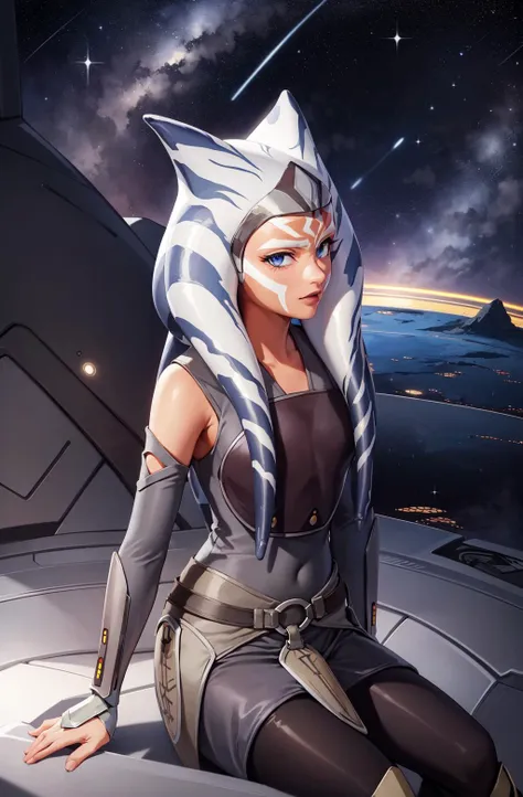 masterpiece, best quality, (1girl), ahsoka_rebels, alien, 1girl, cowboy shot, space background, planet, galaxy, grey dress, blue eyes, detailed eyes, scifi, sitting, starry sky, upper body, looking at viewer