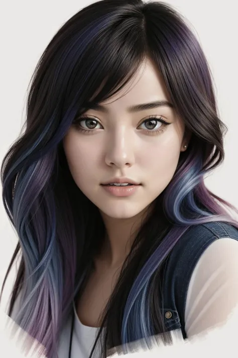 a woman with long black hair and purple and blue hair