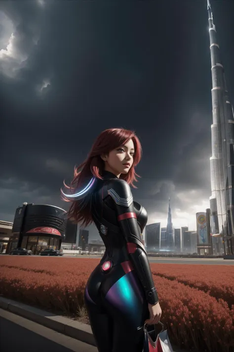 a woman in a futuristic suit standing in front of a tall building