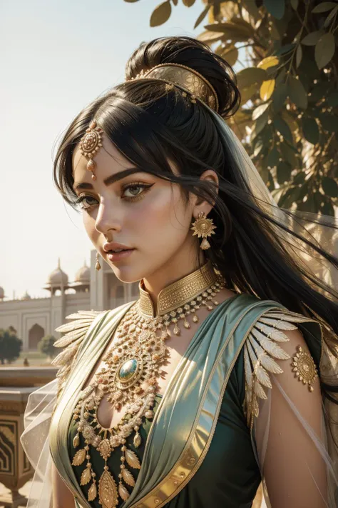 a woman in a green and gold dress with a large necklace