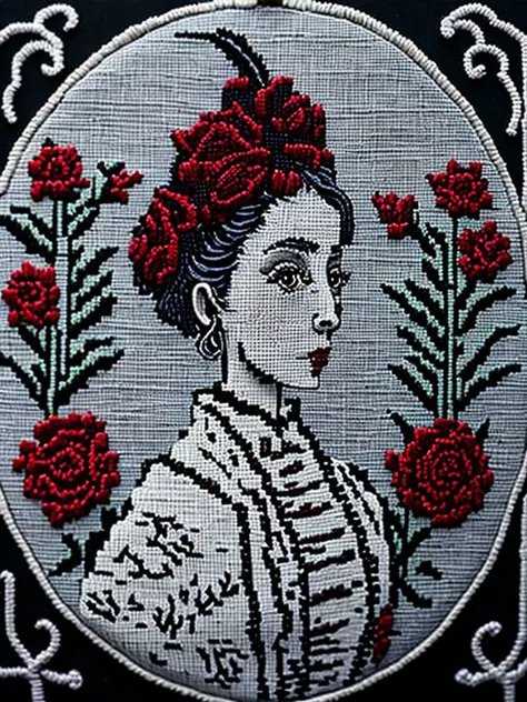 a close up of a cross stitch picture of a woman with flowers