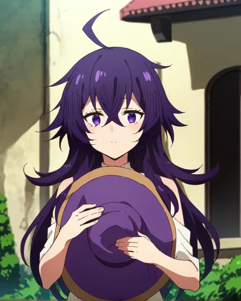 a woman with long purple hair holding a purple hat