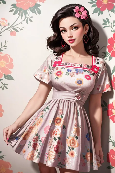 ((Masterpiece, best quality,edgQuality)),smirk,smug,
edgVTD, 1girl, solo, brown eyes, jewelry, standing, full body, earrings, nail polish, lips, looking to the side, ((floral print dress)), fashion ,wearing edgVTD
<lora:edgVintageTeaDress:1>