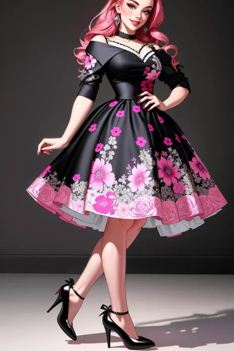 ((Masterpiece, best quality,edgQuality)),smirk,smug,
edgVTD, 1girl, solo, long hair, looking at viewer, smile, black footwear, high heels, floral print, pink dress, print dress ,wearing edgVTD
<lora:edgVintageTeaDress:1>