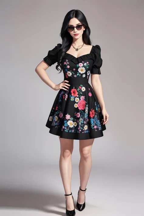 ((Masterpiece, best quality,edgQuality)),smirk,smug,
edgVTD, 1girl, solo, long hair, standing, full body, short sleeves,black footwear, black dress, high heels, hand on hip, floral print, sunglasses, wearing edgVTD
<lora:edgVintageTeaDress:1>