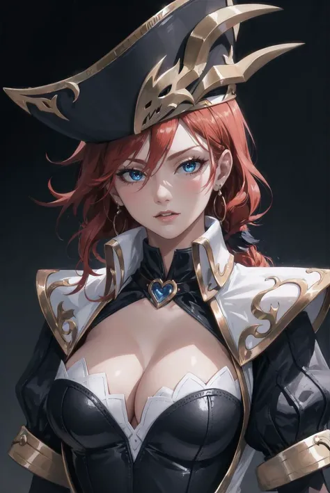 (8k), sharp focus, highres, 1girl, solo, (high quality:1.2), (high detail:1.2), (masterpiece:1.2), (extremely detailed:1.2) <lora:captain_fortune:0.8> captain fortune, red hair, puffy sleeves, long hair, elbow gloves, cleavage, cleavage cutout, clothing cu...