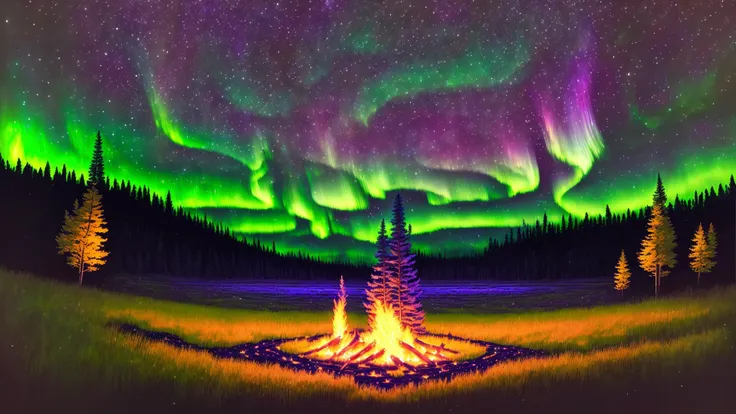 masterpiece, very detailed, high quality, 
northern lights over a summer meadow with a bonfire,