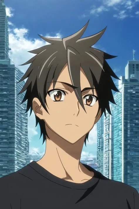 a man with black hair and a black shirt standing in front of a city