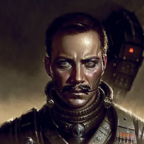 bust shot of the most beautiful artwork in the world, sks person as american civil war soldier with mustache wearing futuristic military uniform, battlemech in background, by Greg Rutkowski,  <lora:lovecraftstyle-000007:0.8>, <lyco:locon_william_v1_from_v1...