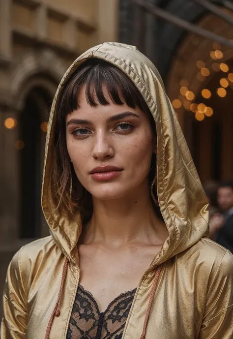 a woman in a gold jacket and black bra top standing in front of a building